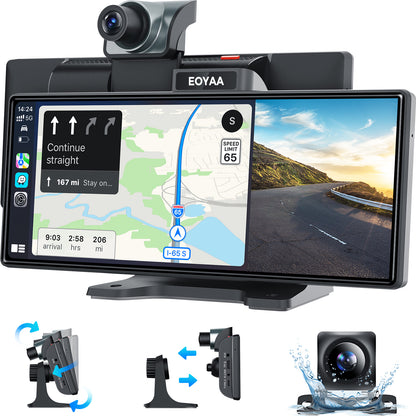 EOYAA Portable 10.26" Wireless Carplay Screen & Android Auto with Adjustable & Detachable Mount, 2.5K Dash Cam & 1080P Backup Camera, HD IPS Touchscreen, GPS Navigation, Bluetooth, Car Stereo, Radio