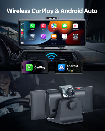 EOYAA Portable 10.26" Wireless Carplay Screen & Android Auto with Adjustable & Detachable Mount, 2.5K Dash Cam & 1080P Backup Camera, HD IPS Touchscreen, GPS Navigation, Bluetooth, Car Stereo, Radio