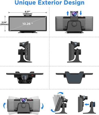 EOYAA Upgraded 10.26" Wireless Carplay Screen & Android Auto with 2.5K Dash Cam, 1080P Backup Camera, GPS Navigation, HD IPS Display, Adjustable, Detachable, Bluetooth, MirrorCast, Car Stereo, Radio