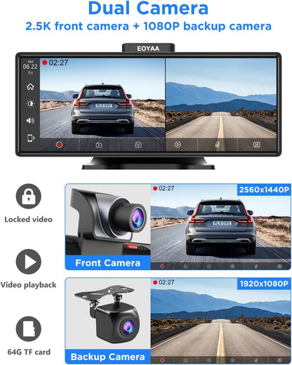 EOYAA Upgraded 10.26" Wireless Carplay Screen & Android Auto with 2.5K Dash Cam, 1080P Backup Camera, GPS Navigation, HD IPS Display, Adjustable, Detachable, Bluetooth, MirrorCast, Car Stereo, Radio