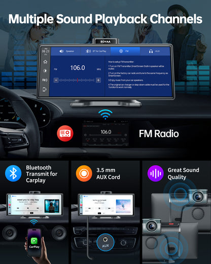 EOYAA Portable 10.26" Wireless Carplay Screen & Android Auto with Adjustable & Detachable Mount, 2.5K Dash Cam & 1080P Backup Camera, HD IPS Touchscreen, GPS Navigation, Bluetooth, Car Stereo, Radio