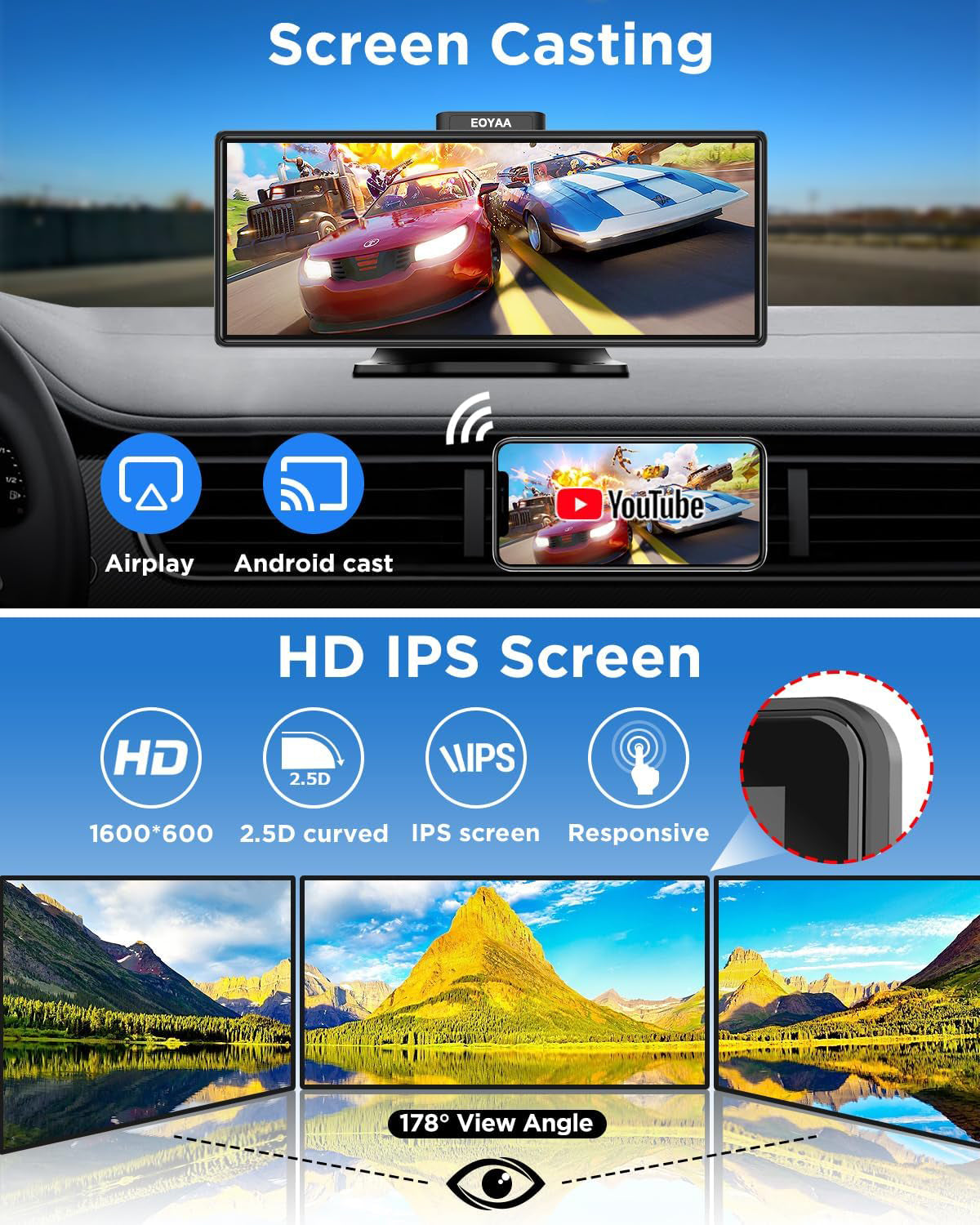 EOYAA Upgraded 10.26" Wireless Carplay Screen & Android Auto with 2.5K Dash Cam, 1080P Backup Camera, GPS Navigation, HD IPS Display, Adjustable, Detachable, Bluetooth, MirrorCast, Car Stereo, Radio