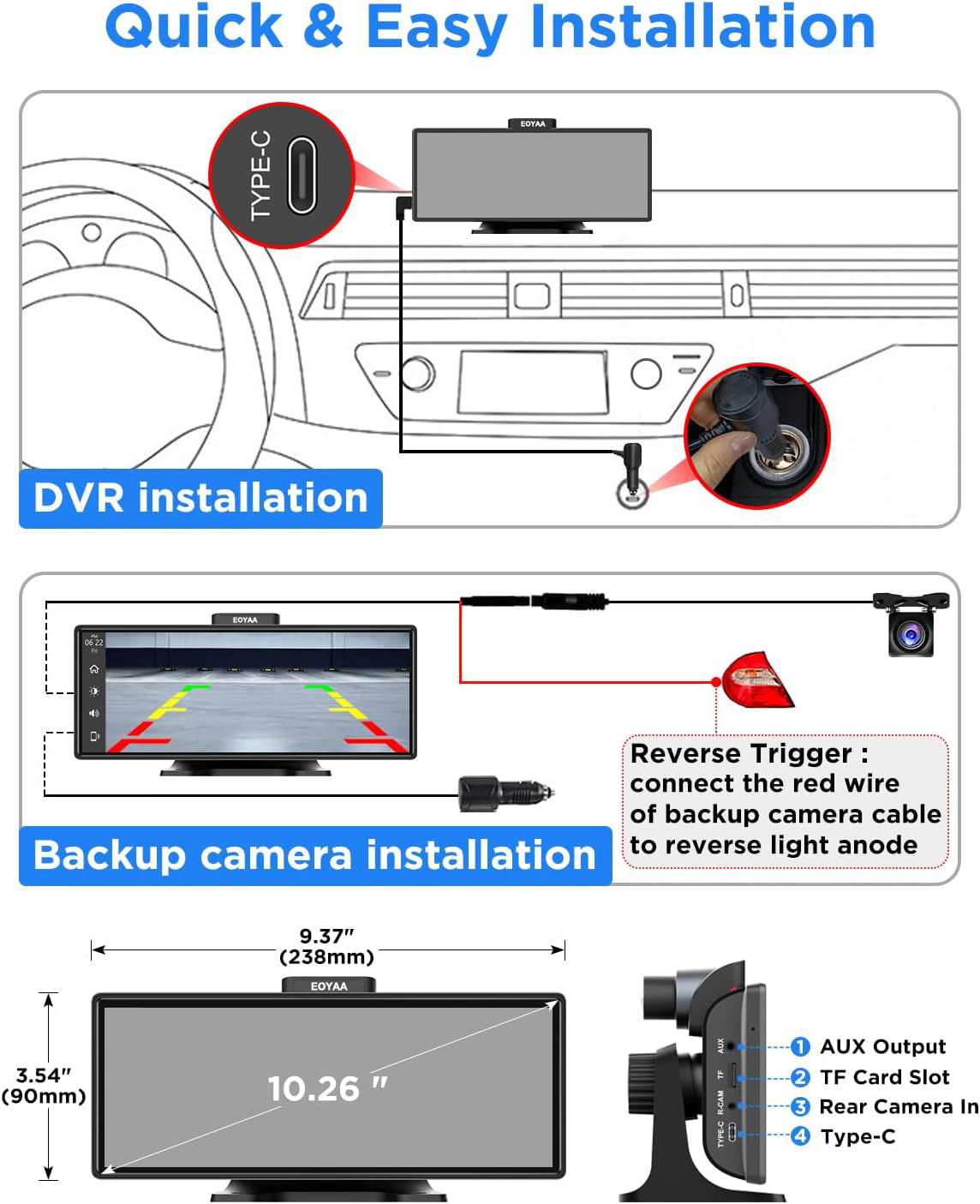 EOYAA Upgraded 10.26" Wireless Carplay Screen & Android Auto with 2.5K Dash Cam, 1080P Backup Camera, GPS Navigation, HD IPS Display, Adjustable, Detachable, Bluetooth, MirrorCast, Car Stereo, Radio