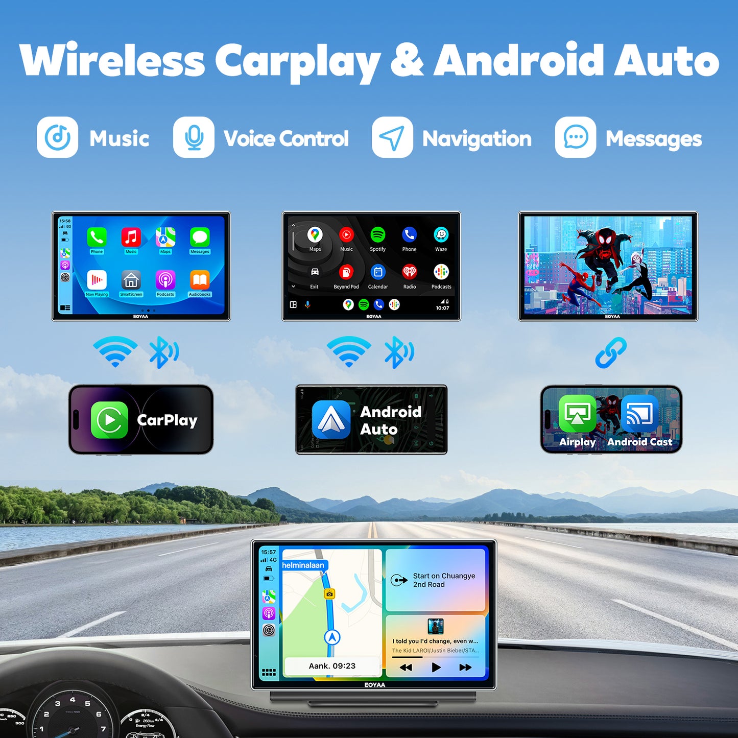 [Upgrade] EOYAA Wireless Apple Carplay & Android Auto with 2.5K Dash Cam, 1080P Backup Camera, Portable 7" HD IPS Screen for Car, GPS Navigation, Bluetooth, AirPlay, MirrorCast, AUX/FM Transmitter