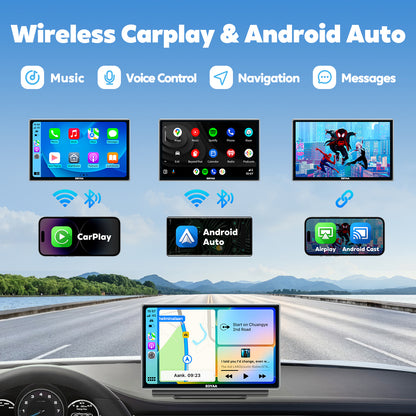 [Upgrade] EOYAA Wireless Apple Carplay & Android Auto with 2.5K Dash Cam, 1080P Backup Camera, Portable 7" HD IPS Screen for Car, GPS Navigation, Bluetooth, AirPlay, MirrorCast, AUX/FM Transmitter