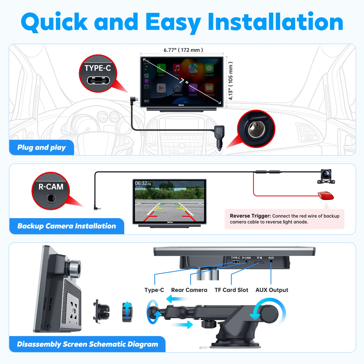 [Upgrade] EOYAA Wireless Apple Carplay & Android Auto with 2.5K Dash Cam, 1080P Backup Camera, Portable 7" HD IPS Screen for Car, GPS Navigation, Bluetooth, AirPlay, MirrorCast, AUX/FM Transmitter