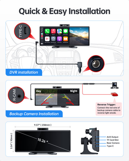 EOYAA Portable 10.26" Wireless Carplay Screen & Android Auto with Adjustable & Detachable Mount, 2.5K Dash Cam & 1080P Backup Camera, HD IPS Touchscreen, GPS Navigation, Bluetooth, Car Stereo, Radio